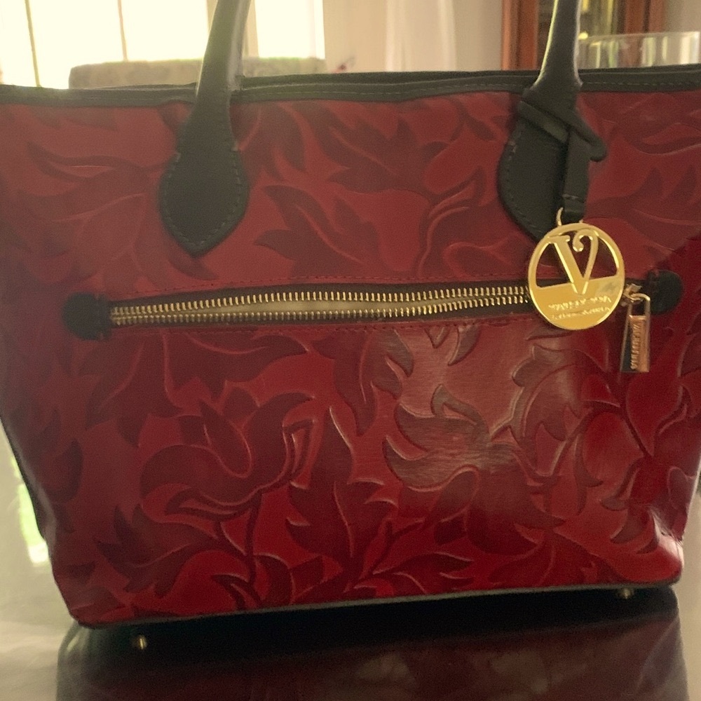 Valentina Elegant Red Designer Tote Bag. Zip top closure